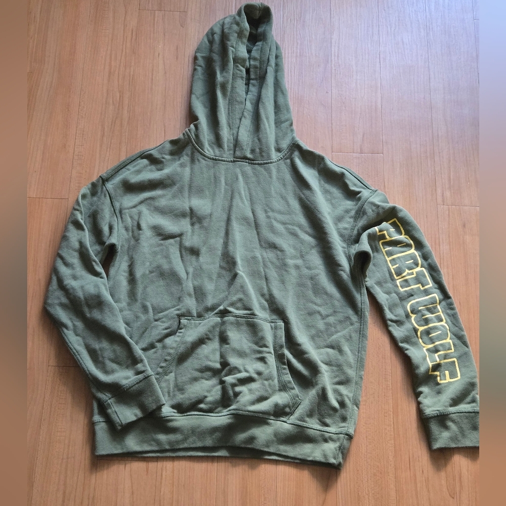 Youth Green Hoodie – Size L (10/12) – Thereabouts, Yellow Sleeve Graphic